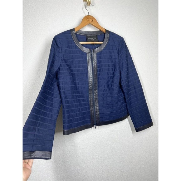 Lafayette 148 Womens 10 Linen Textured Jacket Vegan Leather Trim - Picture 2 of 6